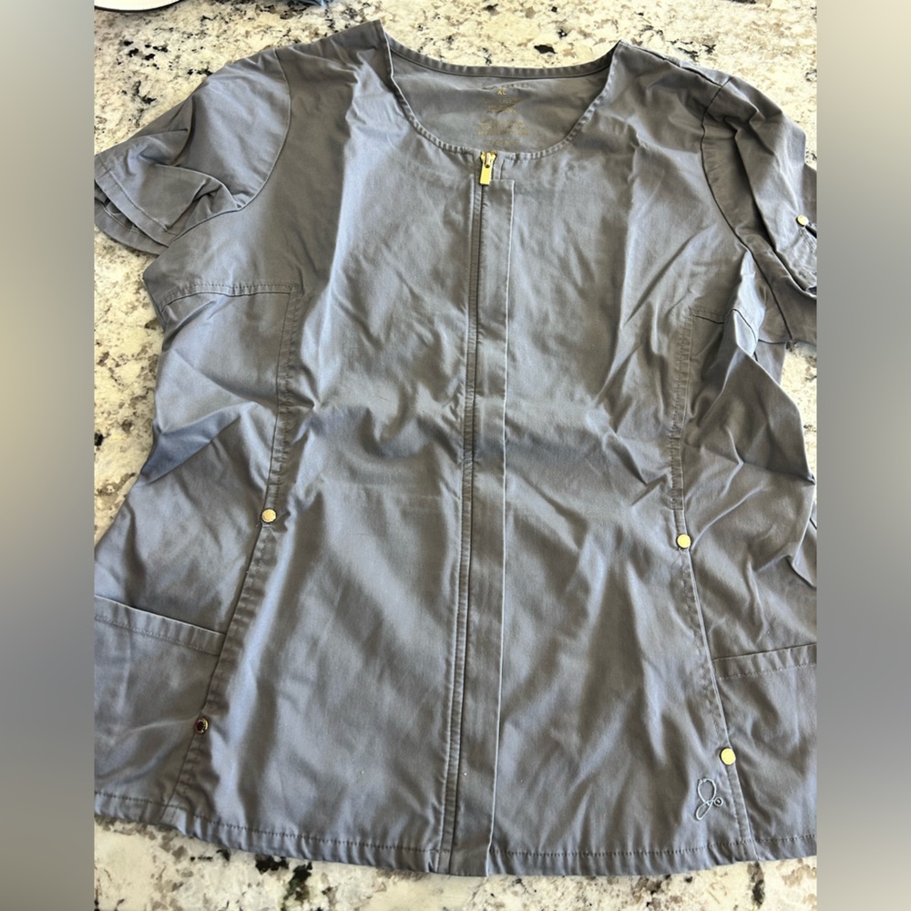 Jaanuu Gray Zip-Front Short Sleeve Scrub Top